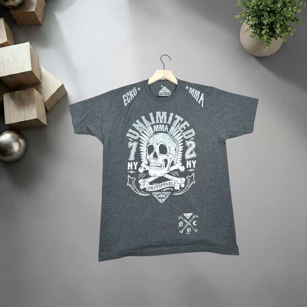 Vintage Ecko Unltd MMA Skull Graphic T Shirt Mens Large Charcoal Grey Y2K Skater